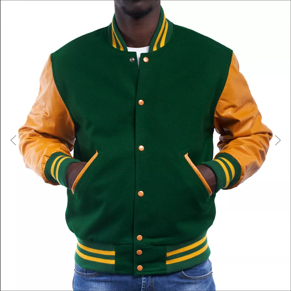 White Satin Baseball Jacket with Green Pockets and Knit Lines